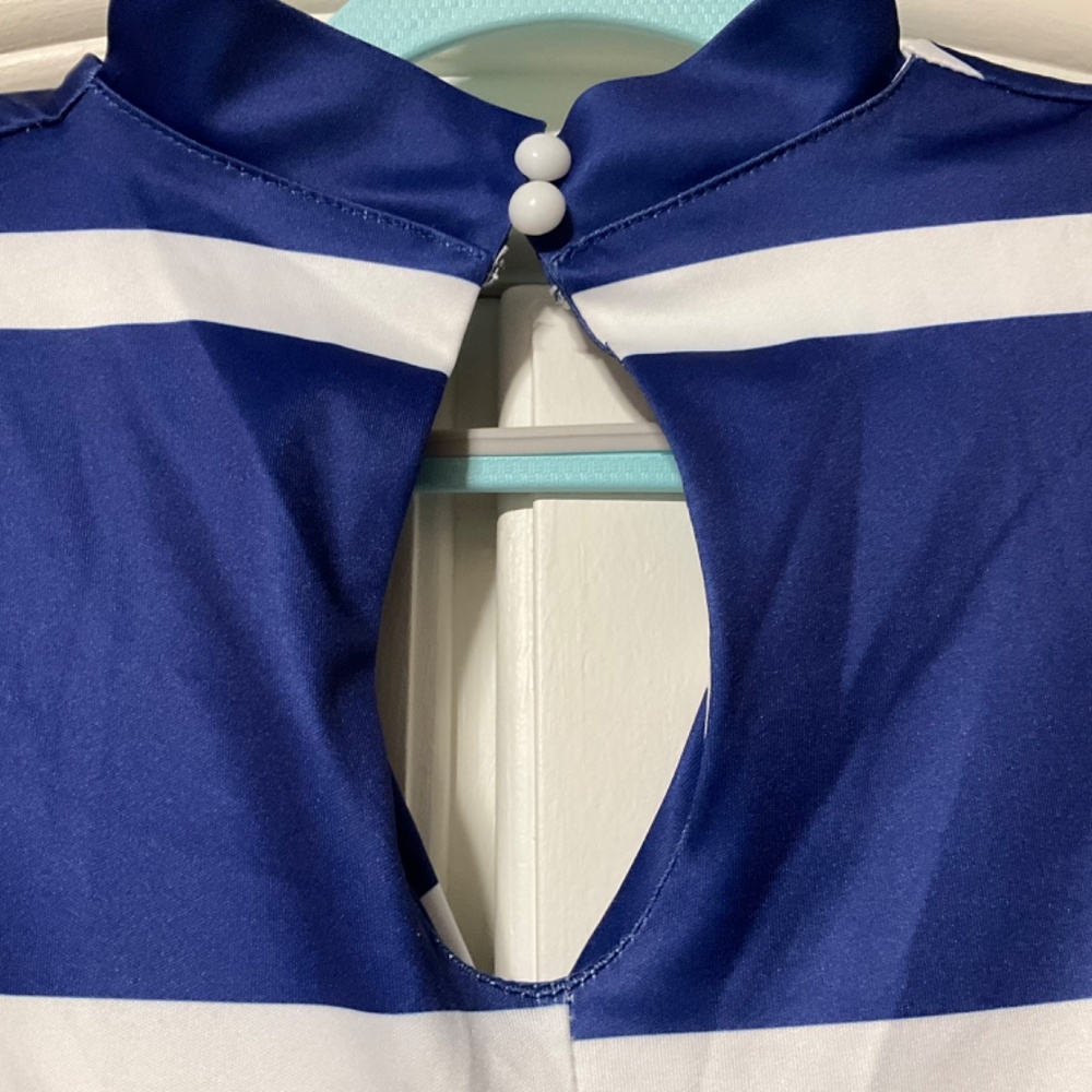 New Ladies size Medium Maxi dress blue/white wide stripes, ruched waist around - Picture 5 of 5